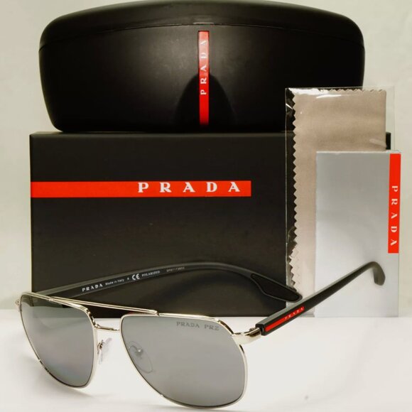 Prada Silver Black Polarized Sunglasses Pilot Mens Square - Picture 1 of 5